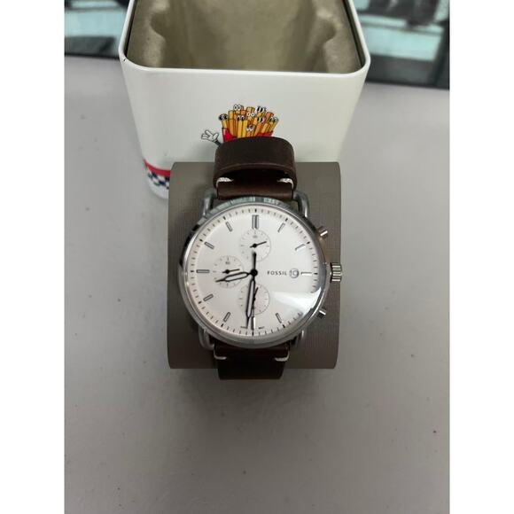 Fossil FS5402 Silver White Dial Brown Leather Chronograph Waterproof Men\'s Watch main image 5